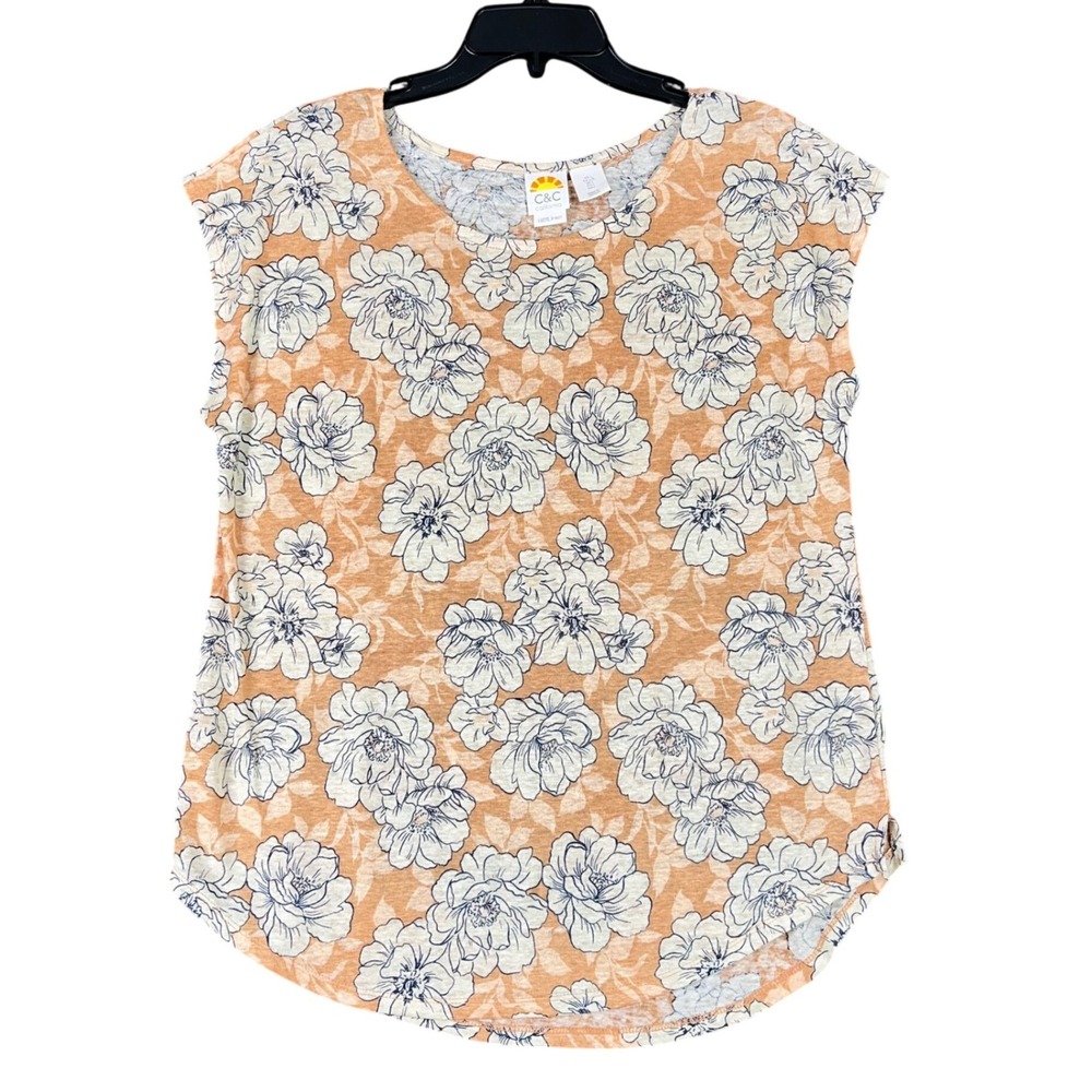 C&C California Linen Top Women L Orange Floral Short Sleeve Lightweight Boho Tee
